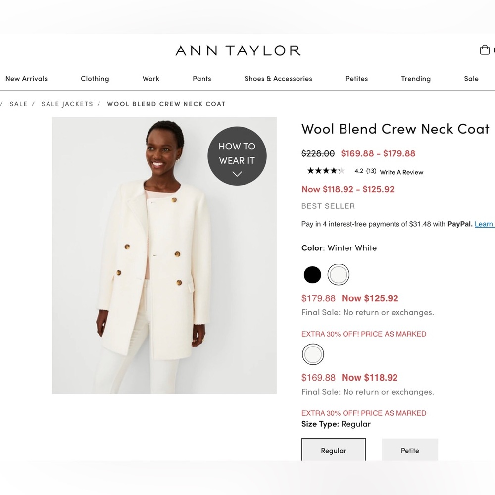 NWT Ann Taylor Wool Blend Coat